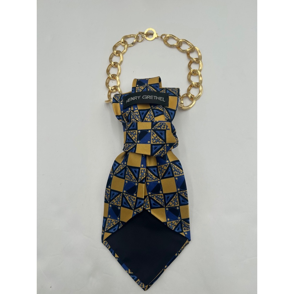 Henry Grethel Repurposed Silk Tie Necklace Set Dragonfly Brooch Gold Tone Chain - Picture 6 of 9